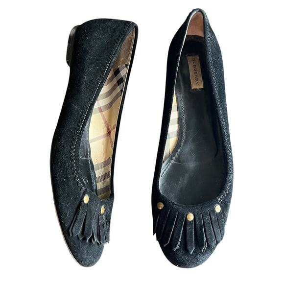 Burberry Women’s Round Toe Vintage Black Suede Fringe Nova Check Ballet Flats 37 - Picture 1 of 12